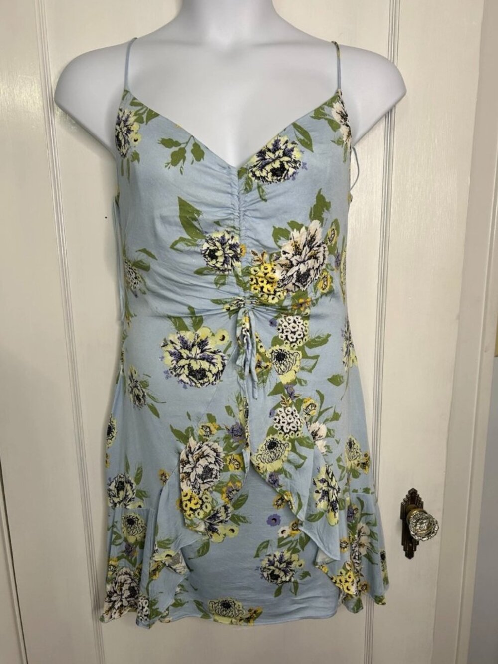 Free People Women’s  Blue and Yellow Floral Spaghetti Strap Dress Size L